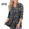Women Shirt V-neck 3/4 Roll-Up Sleeves Lightweight Tops Flower Print Flowy Hem Tunic Tops Daily Wear