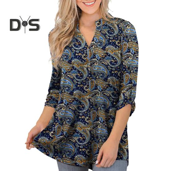 Women Shirt V-neck 3/4 Roll-Up Sleeves Lightweight Tops Flower Print Flowy Hem Tunic Tops Daily Wear