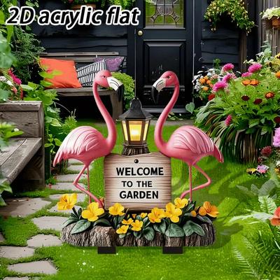 Placa de Bienvenida Flamenco - Decoración de Jardín con Faroles y Flores, Regalo para Pascua y el Día de la Madre Uso para Decoración Exterior