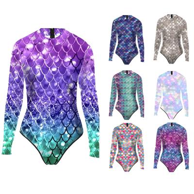Monokini da donna a maniche lunghe con stampa 3D a squame di pesce, cerniera posteriore, tessuto elastico, intero