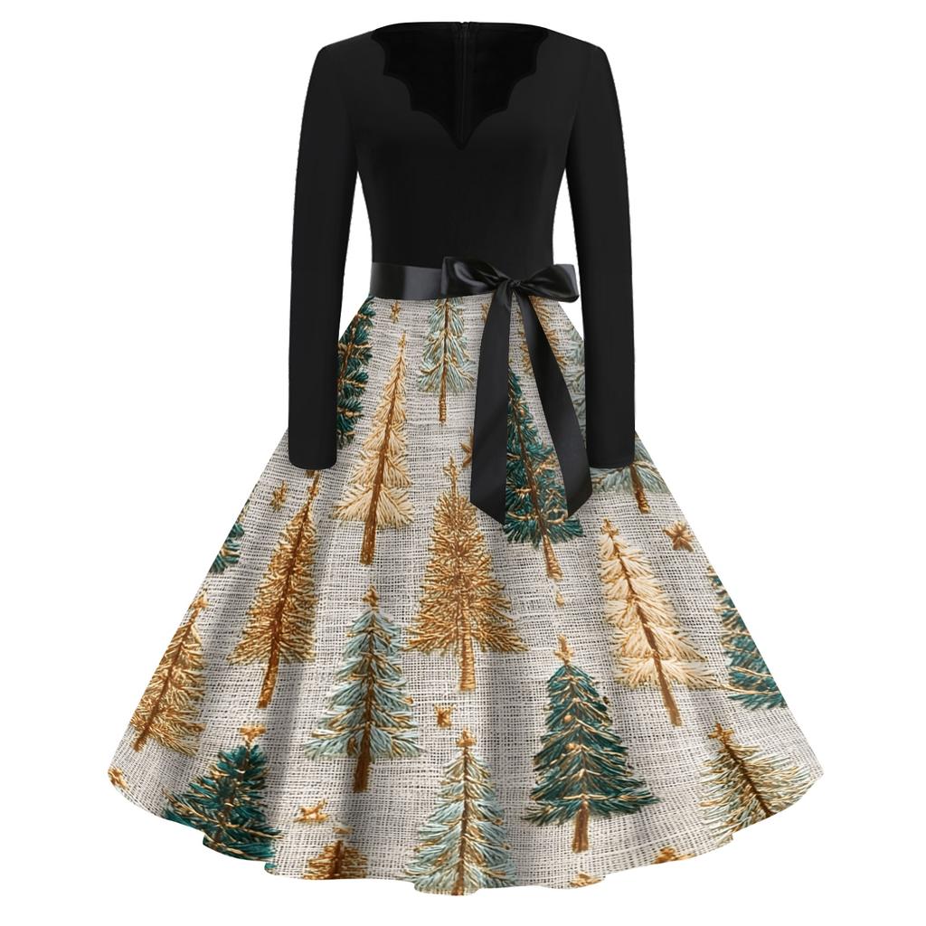 Women's Casual Vintage V-Neck Long Sleeve Dress with Christmas Print for Holiday Party