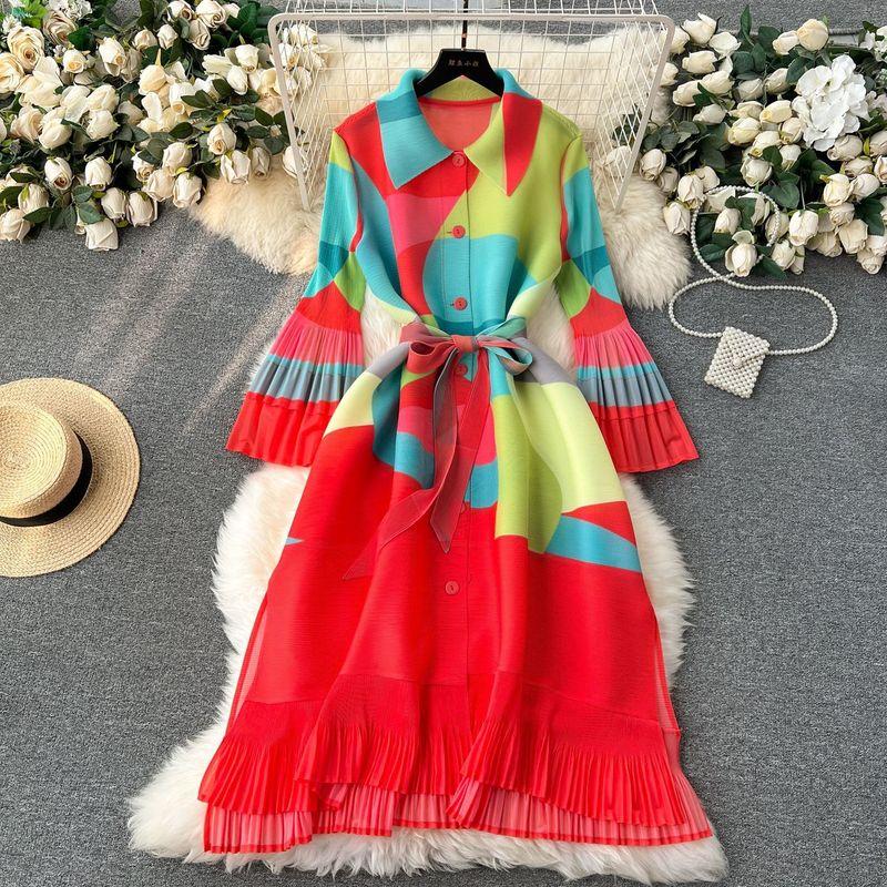 

French Style Retro Sense Pleated Print Women s Summer Loose Slim Looking Casual Series Pleat and Waisted Mid-Length Dress Red All yards