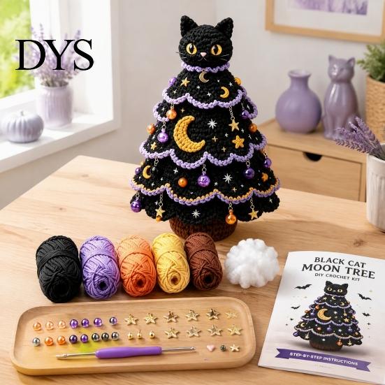 Cute Monster Tree Crochet Set Halloween Pack, DIY Yarn Craft Kit with Hooks And Step Black Cat Moon by Guide, Creative Handmade Knitting Supplies for