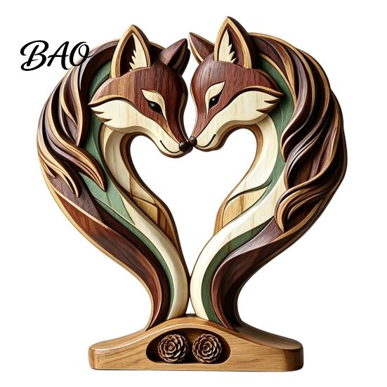 Hand Polished Wood Decor Wooden Animal Ornament with Stable Base, Double Layer Carved Figurine, Rustic Crafts for Office Heart Shape Sculpture