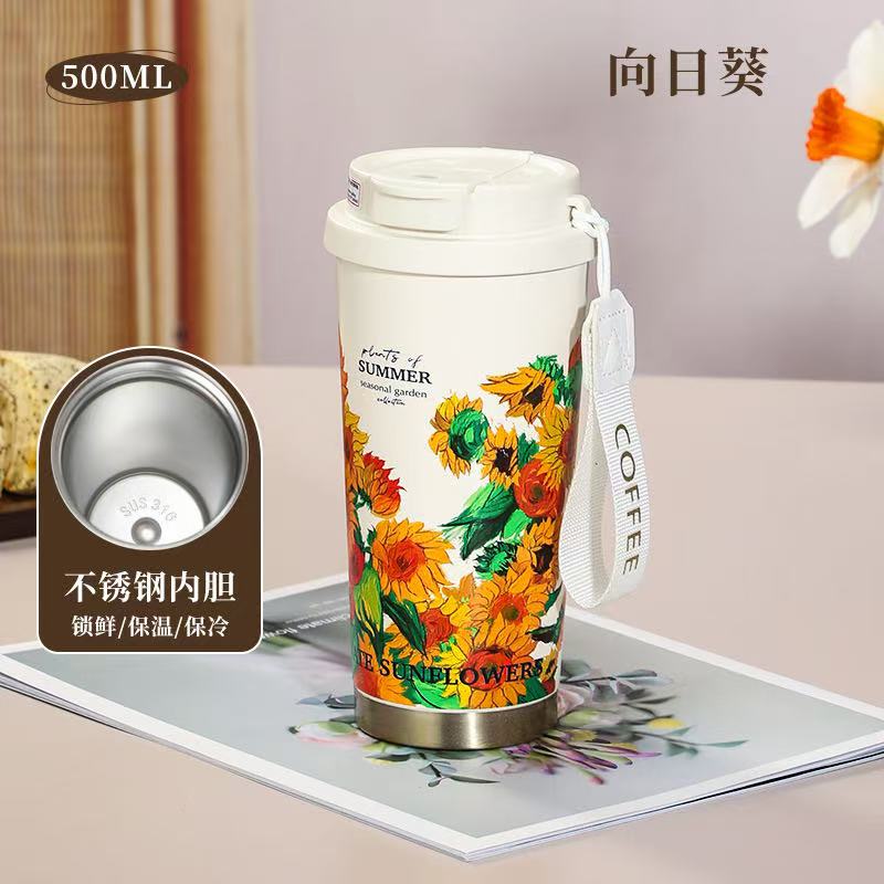2025 New Woman Flower Coffee Mug 500ml Stainless Steel Vacuum Flask Straw and Directly Drinking Insulated Tumbler  Thermal Cup