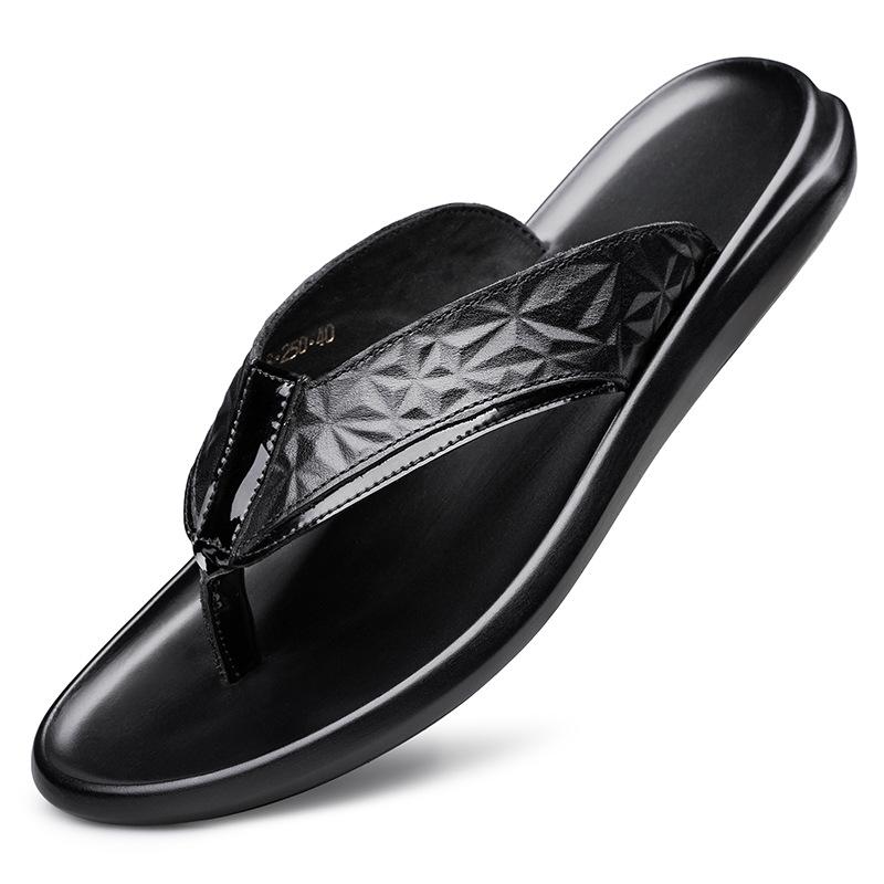 2801 Men'S Leather Flip-Flops Shoes Summer Toe Flat Bottom Outdoor Embossed Cowhide Surface Casual Sandals Cool Slippers