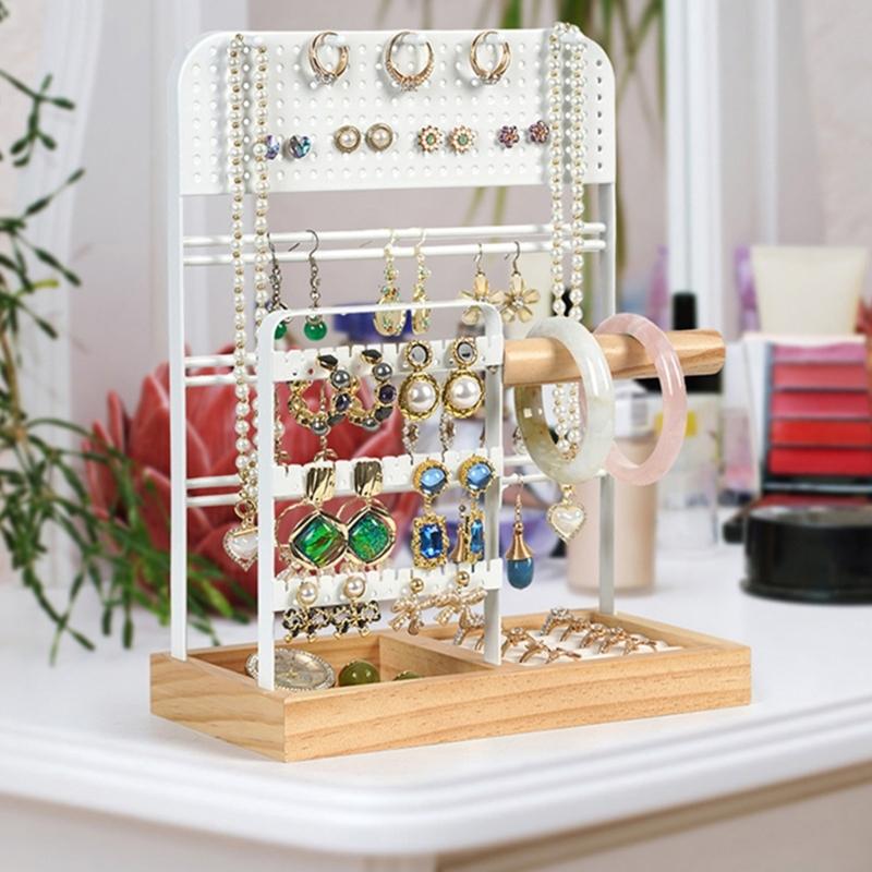 Convenient and Stylish Wood Storage Shelves Stylish Metal Jewelry Display Stand for Earrings Bracelets and Necklaces