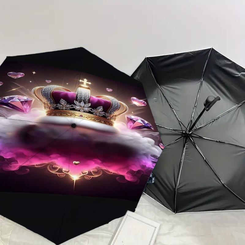 Regal Crown & Diamond Heart Automatic Opening Folding Umbrella: Elegant Design with 8-Bone Iron Frame, Perfect for Fans, Travelers, Daily Us