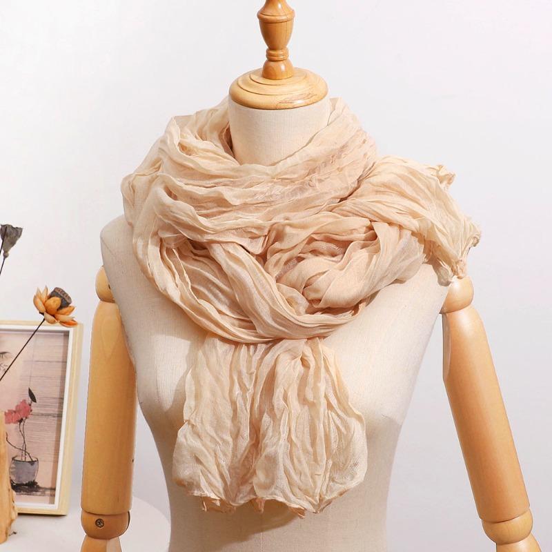 All-Season French-Style Vintage Solid Color Crinkle Pleated Scarf Lightweight Pleated Neck Scarf Shawl, Versatile Solid Color Autumn and Winter
