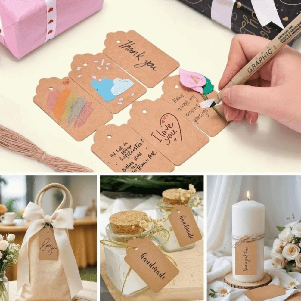100Pcs with Strings Kraft Paper Hanging Tags DIY Blank Packaging Label Cardboard Gift Packing Cards Party Decorating Labels