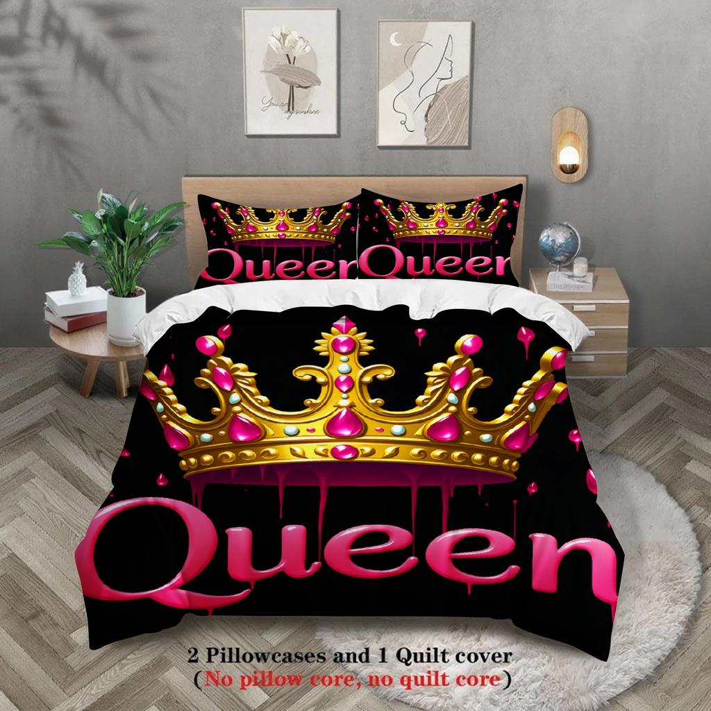 3pcs Black Queen Bedding Set Gifts For Couples Girls 3D Printed Crown Adult Soft Duvet Cover With 2 Pillowcases Bedroom Decor