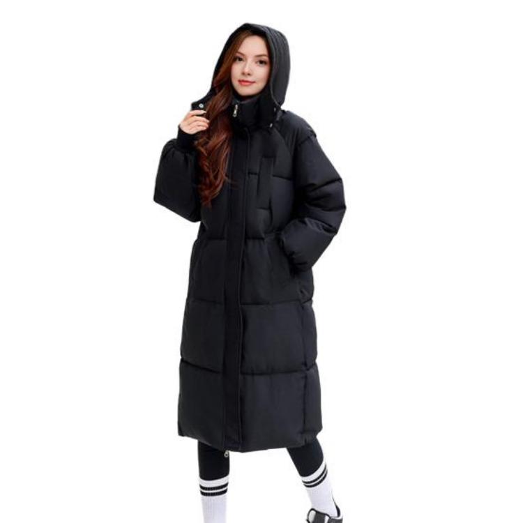 

Winter Warm Thicken Long Puffer Jacket for Women Full Length Hooded Down Coat Zip Up Quilted Outerwear M чёрный