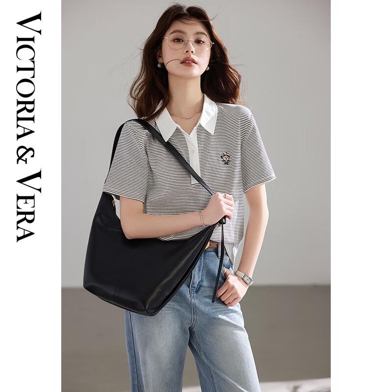 VICTORIA&VERA Old Money Style Bear Embroidery Striped Polo Shirt M