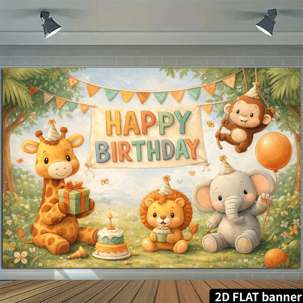 2D Jungle Animal Cake Birthday Gift Background  Fresh and Playful Scenes