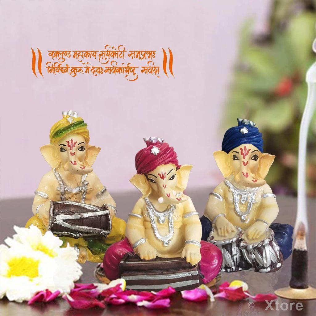Musical Ganesha 3 Statues for Home Decor - (Multicolor, Pack of 3)