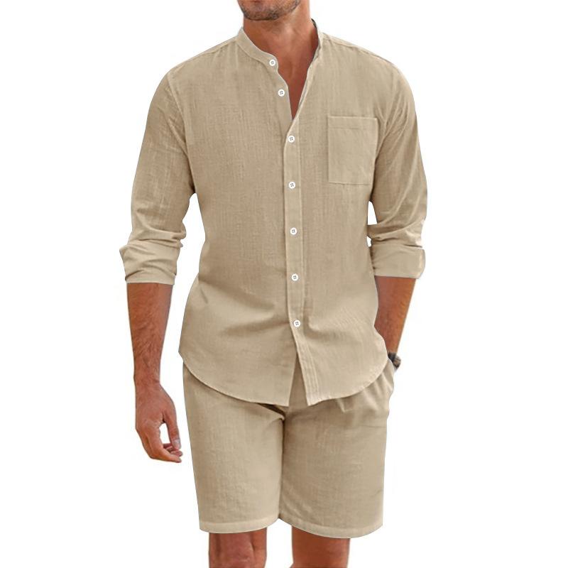 Cotton Linen Breathable Soft Shirt & Shorts Men's Suit Beach Holiday Men's Cotton Linen Long Sleeve Shirt Two-piece Sets