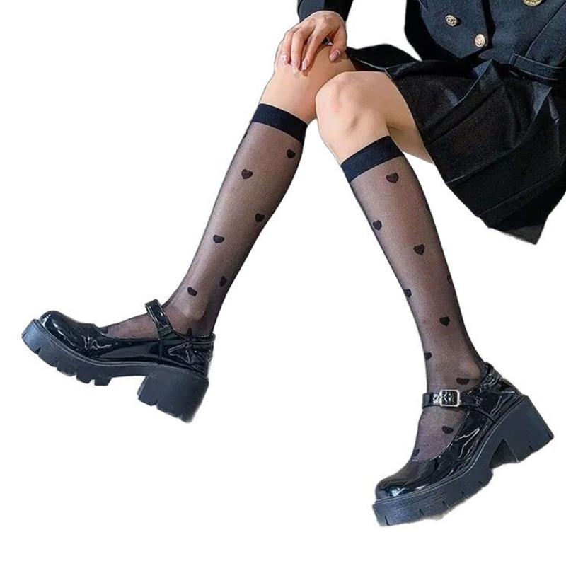 Sweet Heart Calf Socks Thin Sheer Silk StockingsLightweight Breathable Knee Highs Socks Student Girls Middle Tube Socks