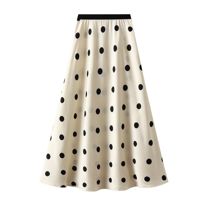 Qooth French Vintage Acetate Satin Polka Dot Mermaid Maxi Skirt Elegant Flowy Long Half Skirt for Women Slimming & Versatile
