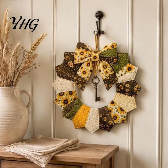 Decorative Bows And Bells Set DIY Patchwork Garland Crafting Kit, Retro Floral Fabric with Handmade Door Hanging Decor Simulated Flowers, Pastoral