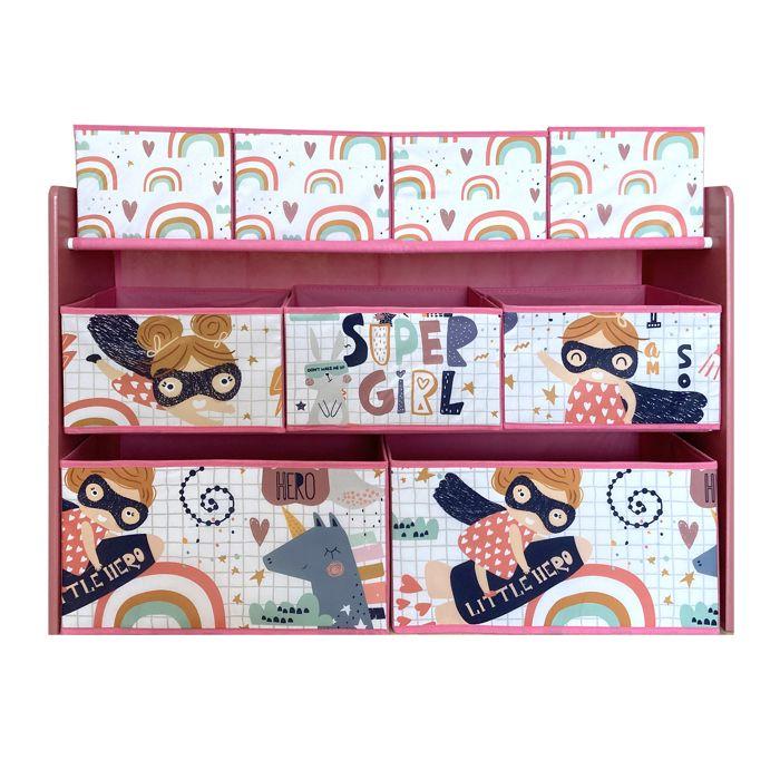 GINGER HOME – Organiseur jouets enfant, 9 bacs tissu, MDF/acier, motif Super Girl, 92×30×60 cm
