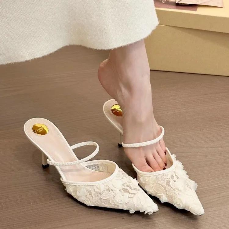 

Luxury Designer White Women Wedding Pumps Mesh Embroidered Flowers Back Strap Sexy Slingback High Heel Dress Shoes for Ladies 40 бежевий