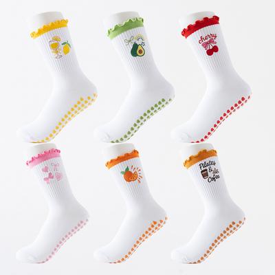 Women's Mid-calf Sports Socks, Anti-slip Yoga Socks, Fitness and Exercise Embroidered Lace Floor Grip Socks, Pilates
