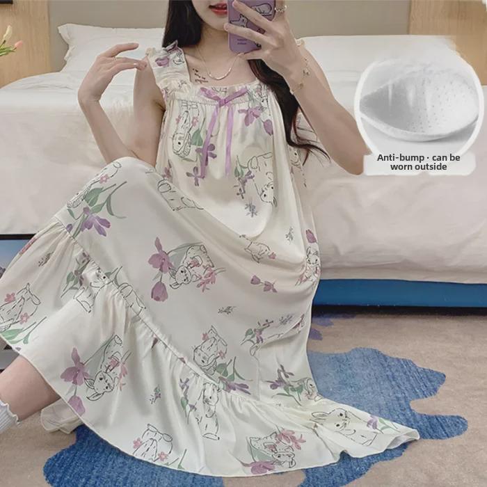 

Ночная рубашка из шелка Ice Silk с подвязками и нагрудными подушечками — милая, повседневная и легкая для дома и улицы Large (L)