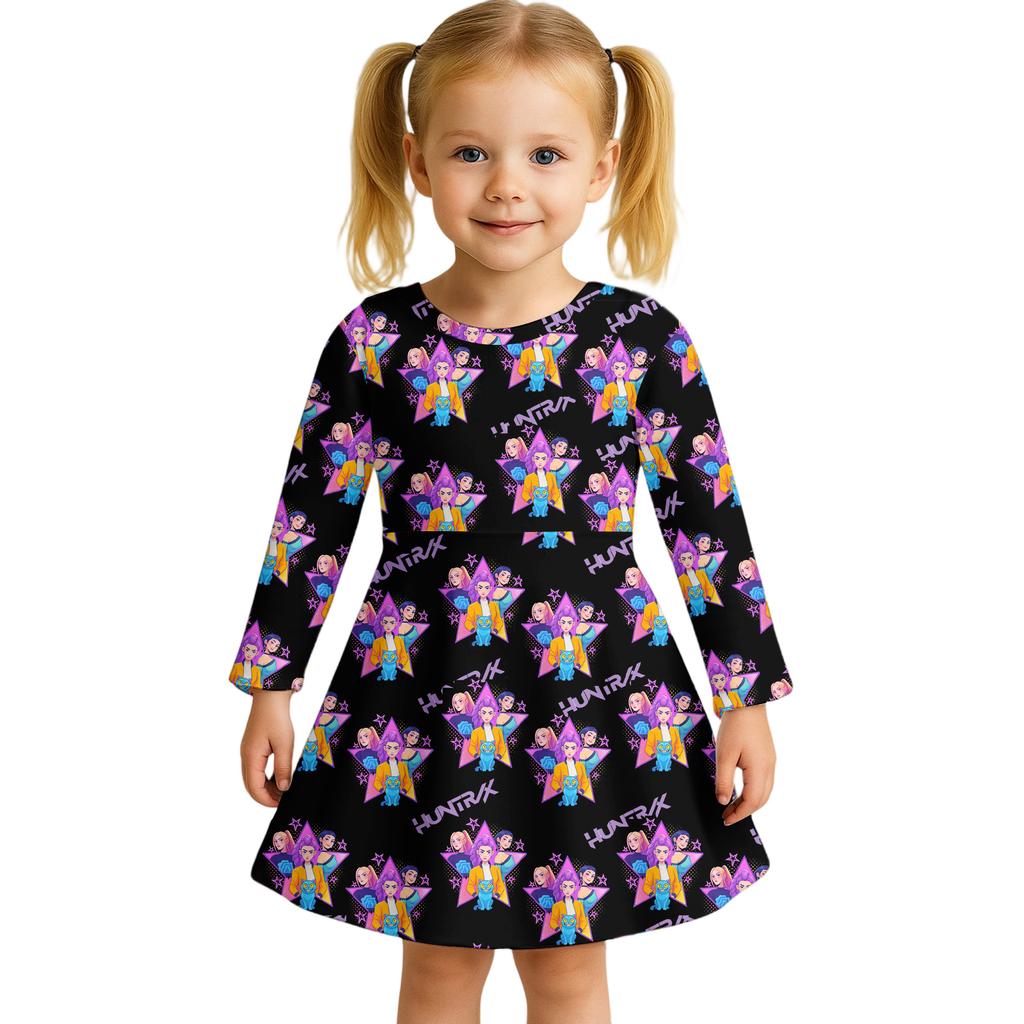 Kids Girls Casual Daily Dress Cute Cartoon Print Long Sleeves Dance Wear Princess Dress  2-12 Years