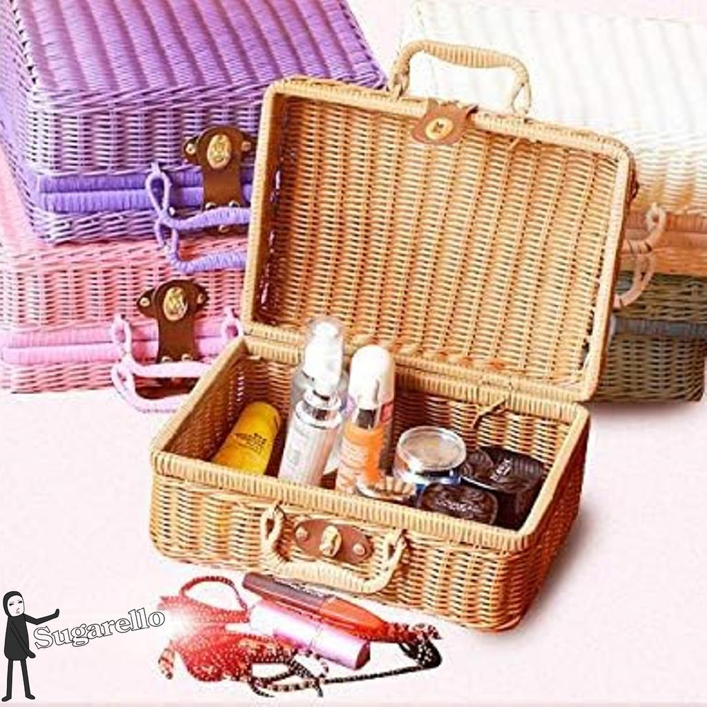 Sugarello Picnic Basket, Lunch Basket with Lid, Wicker-Style Basket with Fabric Upholstery, Checkered Pattern, 26 X 18 X 10 Cm (Small)