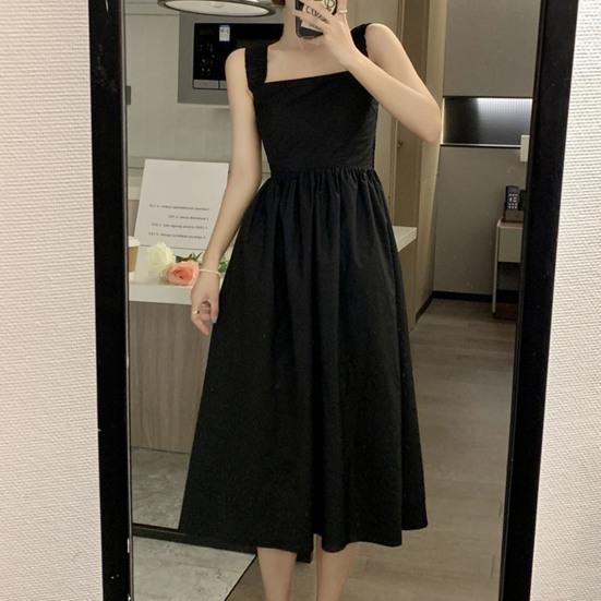 Čtvercový výstřih Bez rukávů Jednobarevné Zúžené v pase Letní šaty Sladké Elastický ramenní popruh Rozšířený velký lem Šaty na ramínka Streetwear