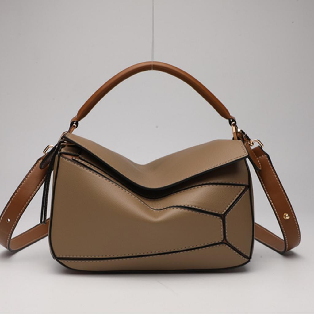 What Bag, Color Blocked and Spliced Genuine Leather Pillow Bag, Classic Handbag, Shoulder Bag, Crossbody Bag, Women's Bag