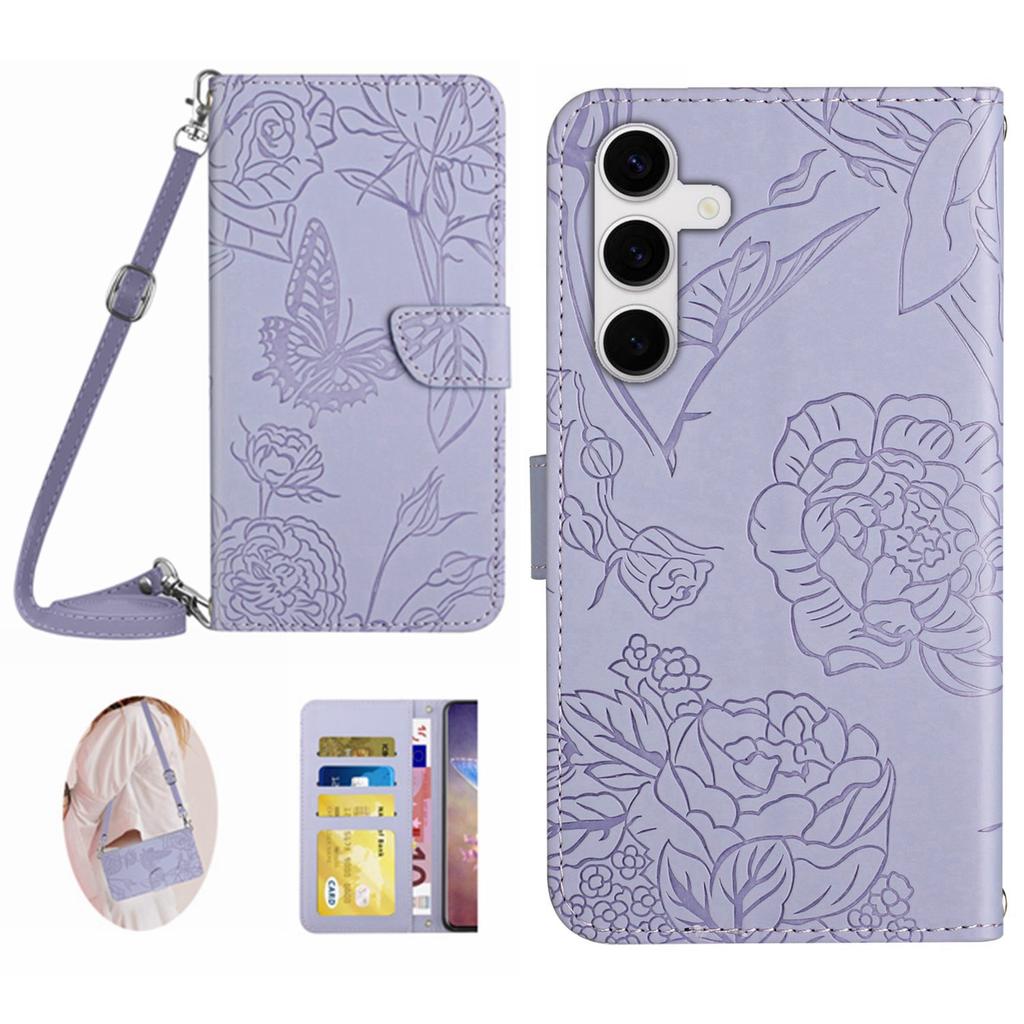 For Samsung Galaxy S25 FE Case Butterfly Flower Imprint Leather Phone Cover with Shoulder Strap
