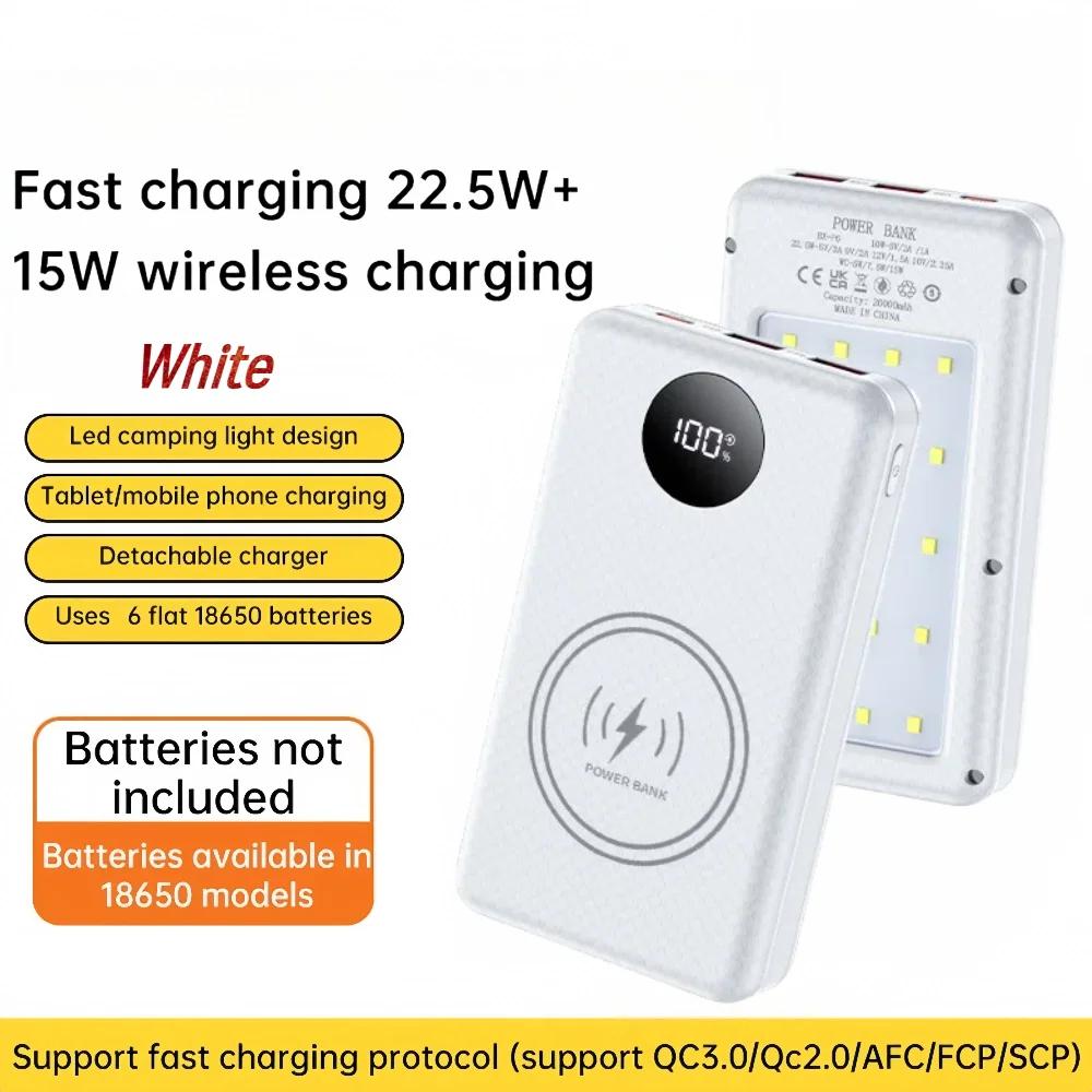 Корпус Power Bank на 6*18650 20000 мАч, Быстрая зарядка 22,5 Вт, Беспроводная зарядка 15 Вт, Корпус мобильного power bank, Держатель для аккумуляторов для телефона white