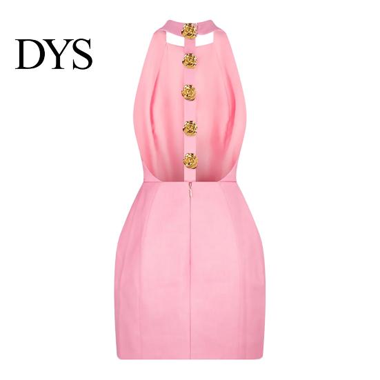 Women Dress Summer Party Backless 3D Rose Flower Halter Neck Solid Color Off Shoulder Sleeveless High Waist Slim Fit Prom Wedding Mini