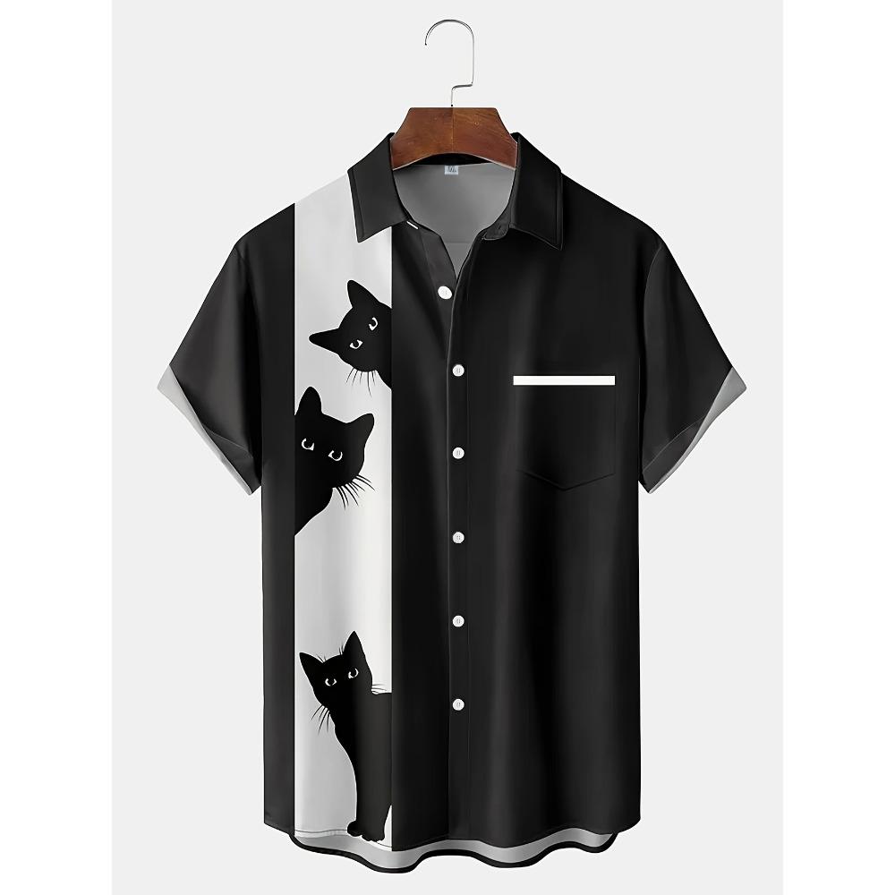 [Cat Cartoon Print Shirt] Plus Size 3D Digital Print Cartoon Fun Men's Short Sleeve Button Pocket Shirt
