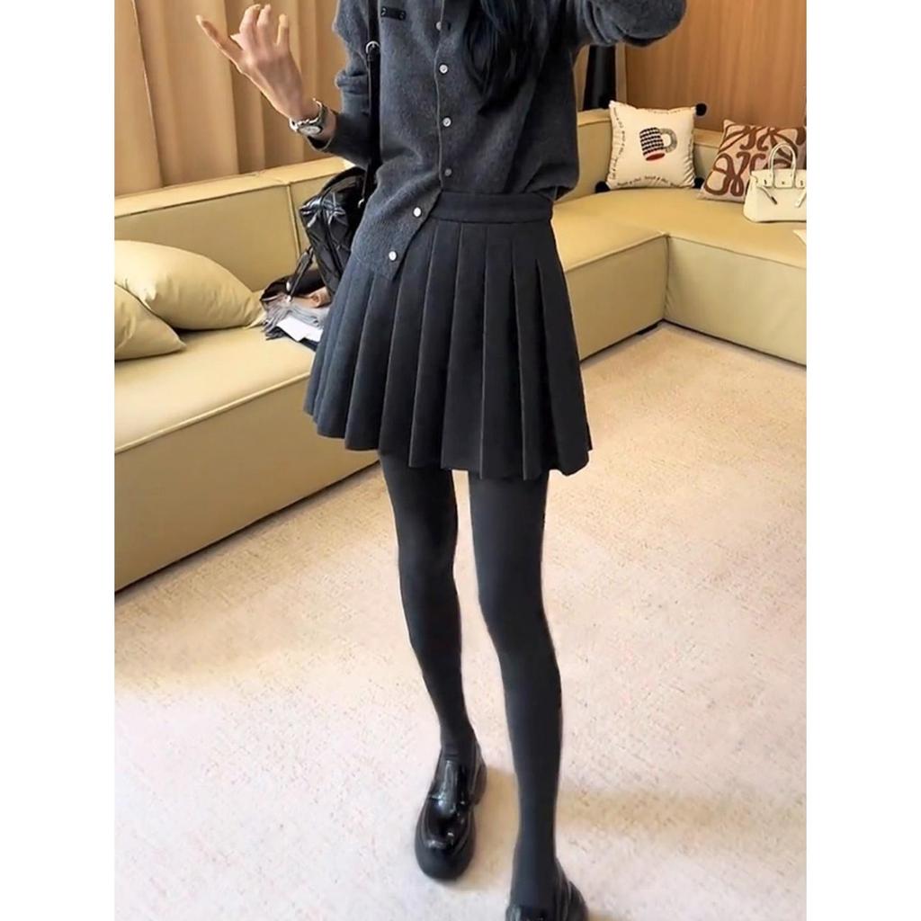 Plus Size Grey Wool-Blend A-Line Pleated Skirt – High Waist, Slimming, Short for Petite Chubby Women, Spring/Autumn