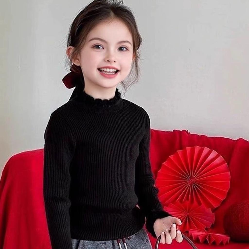 Girls Semi Turtleneck Fleece Lined Knit Sweater Ruffle Trim Thick Warm Pullover Top