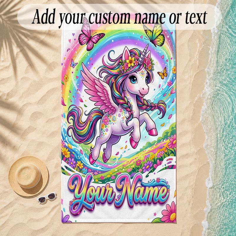 Unicorn Theme Soft Beach Towel Personalized Custom Name Text Towel Portable for Beach Pool Travel