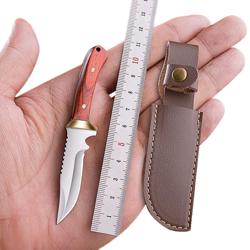Wood Handle Stainless Steel Tiny Mini Knife Portable Pocket Knife Keychian EDC Multitool Fruit Peeler With Leather Cover Gift