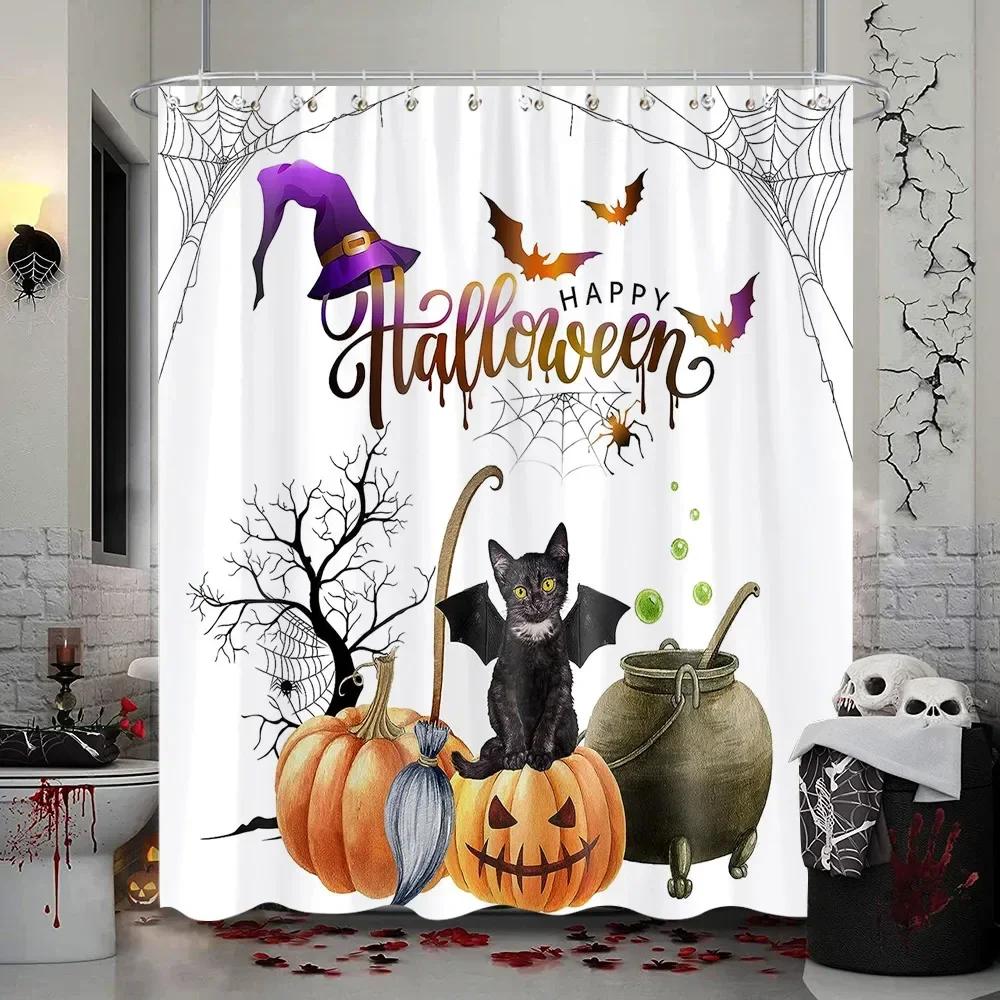 Läskig Halloween-duschdraperi, Vattentätt tyg med Spökhus, Döskallar, Skelett & Spöken för Festlig Badrumsinredning