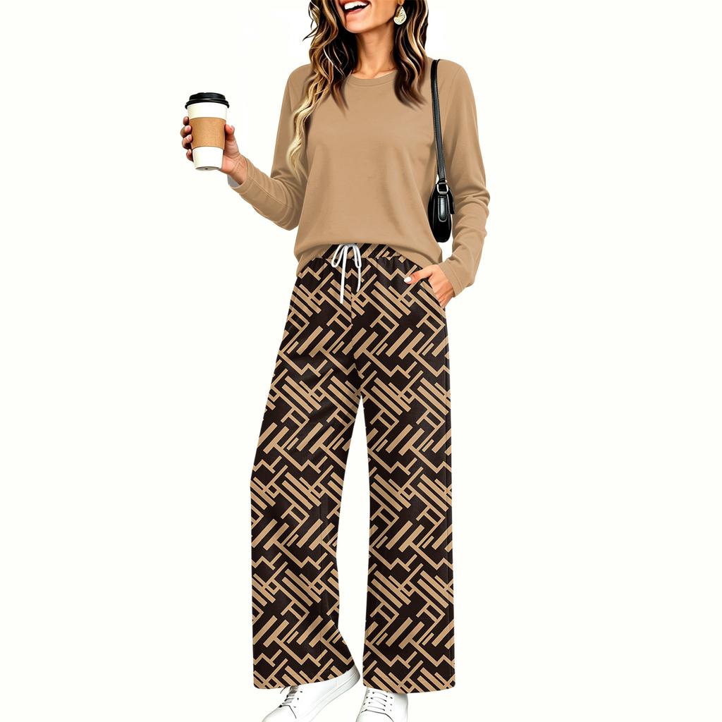 Women's Casual Printed Long Sleeve Round Neck Loose Fit Pajama Set with Pockets for Home Wear