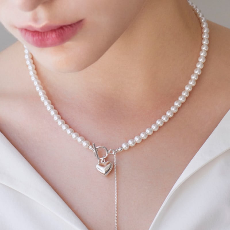 Dmoment (925 Silver) Pristine Pearl Silver Heart Necklace