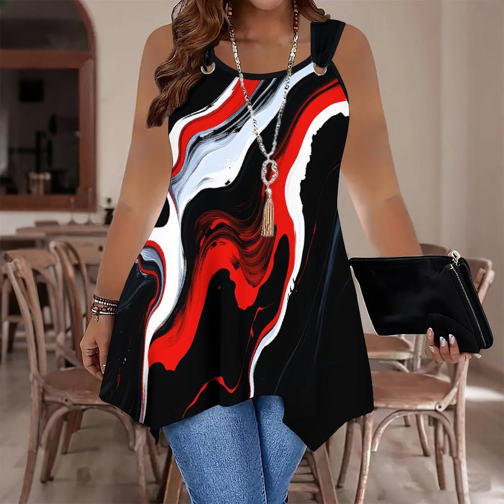 Modieus Casual Sport Dubbele Ring Tanktop voor Dames, Marmeren Lijnen en Glanzende Lichtaderen Geprinte Patronen, Onregelmatige Zoom, Elegant en Eenvoudig