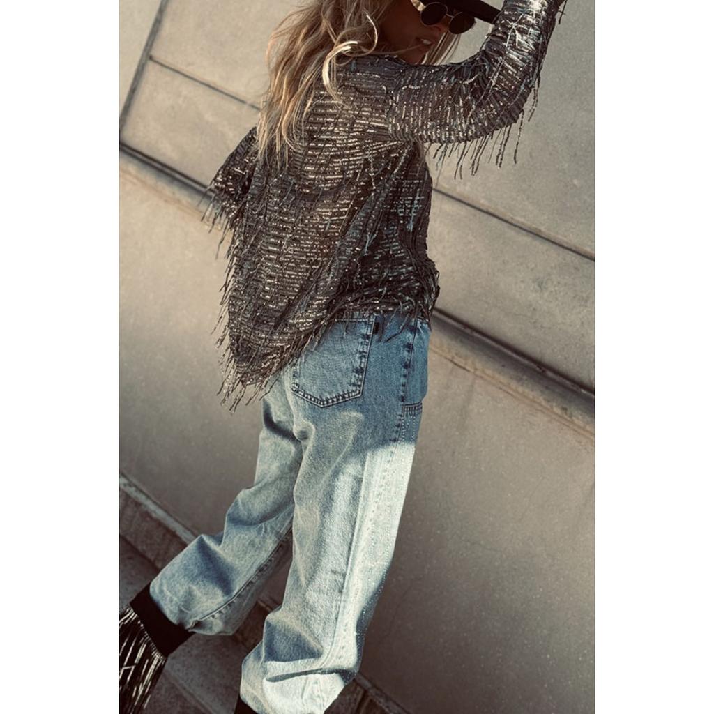 Women's Sequin Fringe Long Sleeve Crew Neck Top, Vintage Loose Fashion Blouse for European & American,  New Arrival