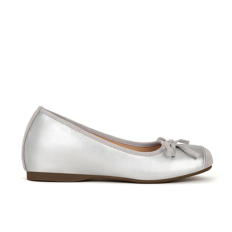 5Cm Small Inner Height Increase Ballet Shoes Women's Outer Wear Square Head Silver Single Shoes Bow 2024 Mary Jane