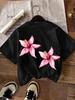New Pink Floral Print Loose Slimming T-Shirt - Women's Short Sleeve Black Round Neck Top