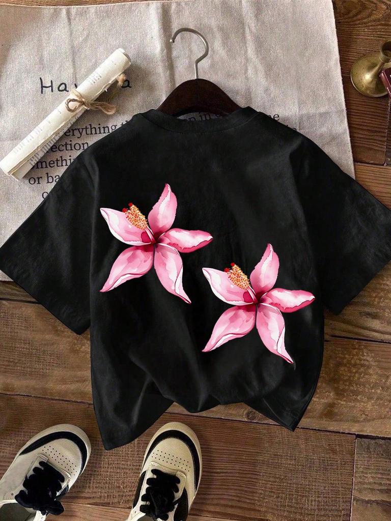 New Pink Floral Print Loose Slimming T-Shirt - Women's Short Sleeve Black Round Neck Top