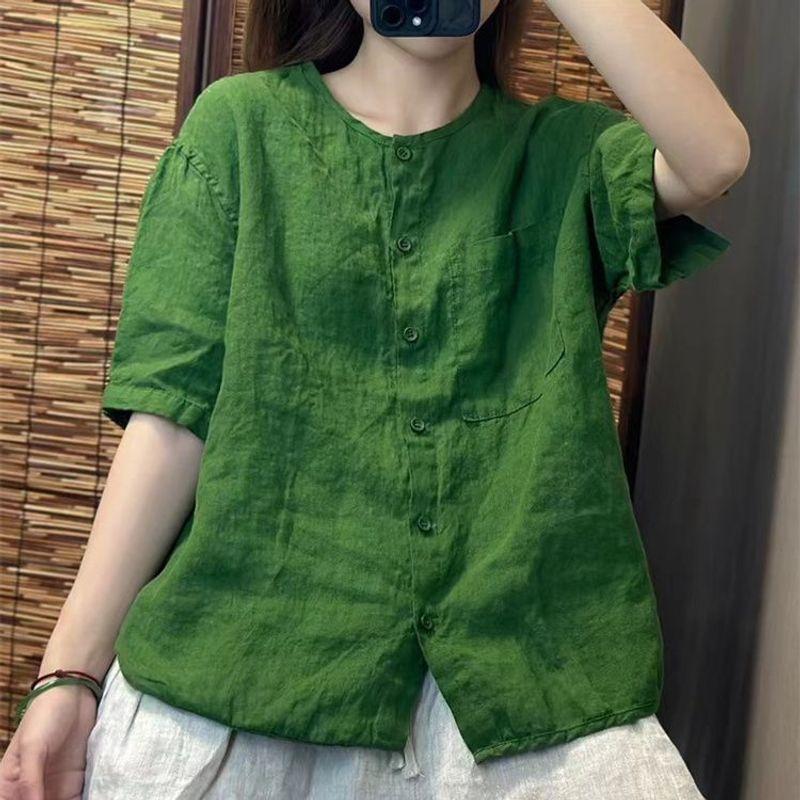 Cotton and linen short-sleeved crew neck shirt women's summer new retro literary loose versatile cardigan top