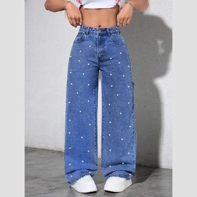 Women High Waist Denim Jeans Ladies Fashion Beading Straight Pants Pearl Ins Style Washed High-Waisted Straight Leg