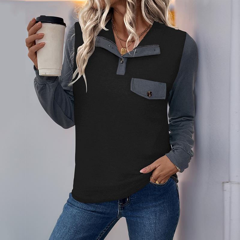 YYFS Women's Fashion Casual Spring Autumn Colour Block Print Long Sleeve POLO Neck Blouses & Shirts